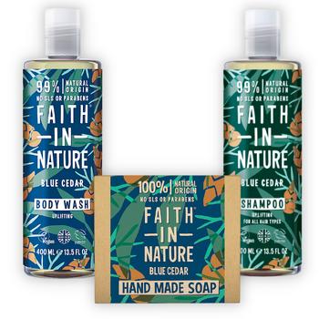 Set cadou vegan barbati A Force of Nature, sampon, gel de dus & sapun, Cedru Albastru, Faith in Nature, 900 ml