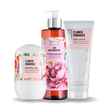 Set Flower Romance, Gel de Dus, Lotiune de Corp si Deodorant Natural, Biobaza, 3 bucati, 700 ml