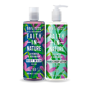 Set Lavander Calm, Gel de Dus si Lotiune Corp cu Ulei de Lavanda, Faith in Nature, 2 bucati, 800 ml