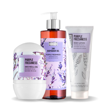Set Purple Freshness, Gel de Dus, Lotiune de Corp si Deodorant Natural, Biobaza, 3 bucati, 700 ml