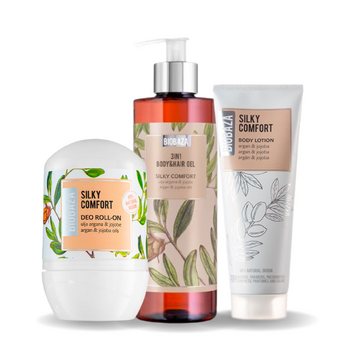 Set Silky Comfort, Gel de Dus, Lotiune de Corp si Deodorant Natural, Biobaza, 3 bucati, 700 ml