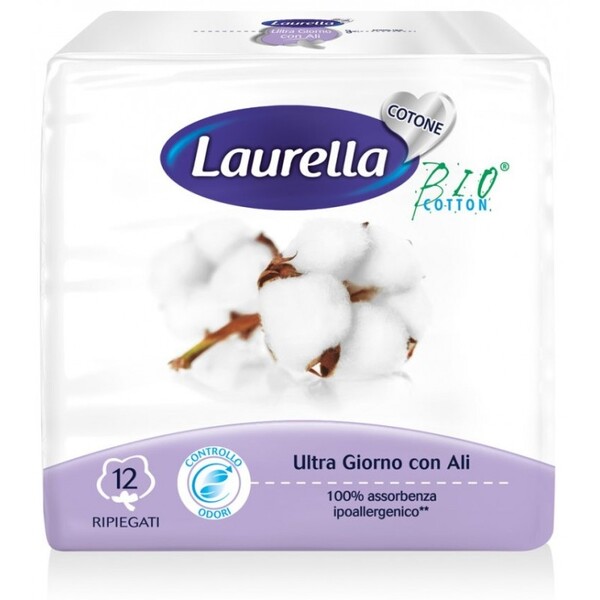 Absorbante de zi cu aripioare, bumbac organic, 3 picaturi, 12buc - Laurella BIO Cotton