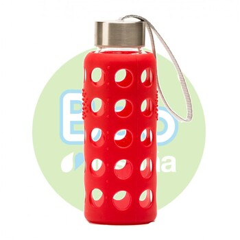 Sticla reutilizabila din borosilicat cu husa de silicon, 300 ml ROSU - Irisana